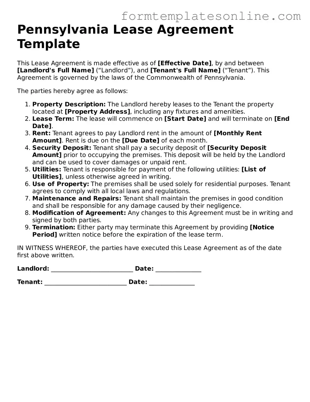 Valid  Lease Agreement Form for Pennsylvania