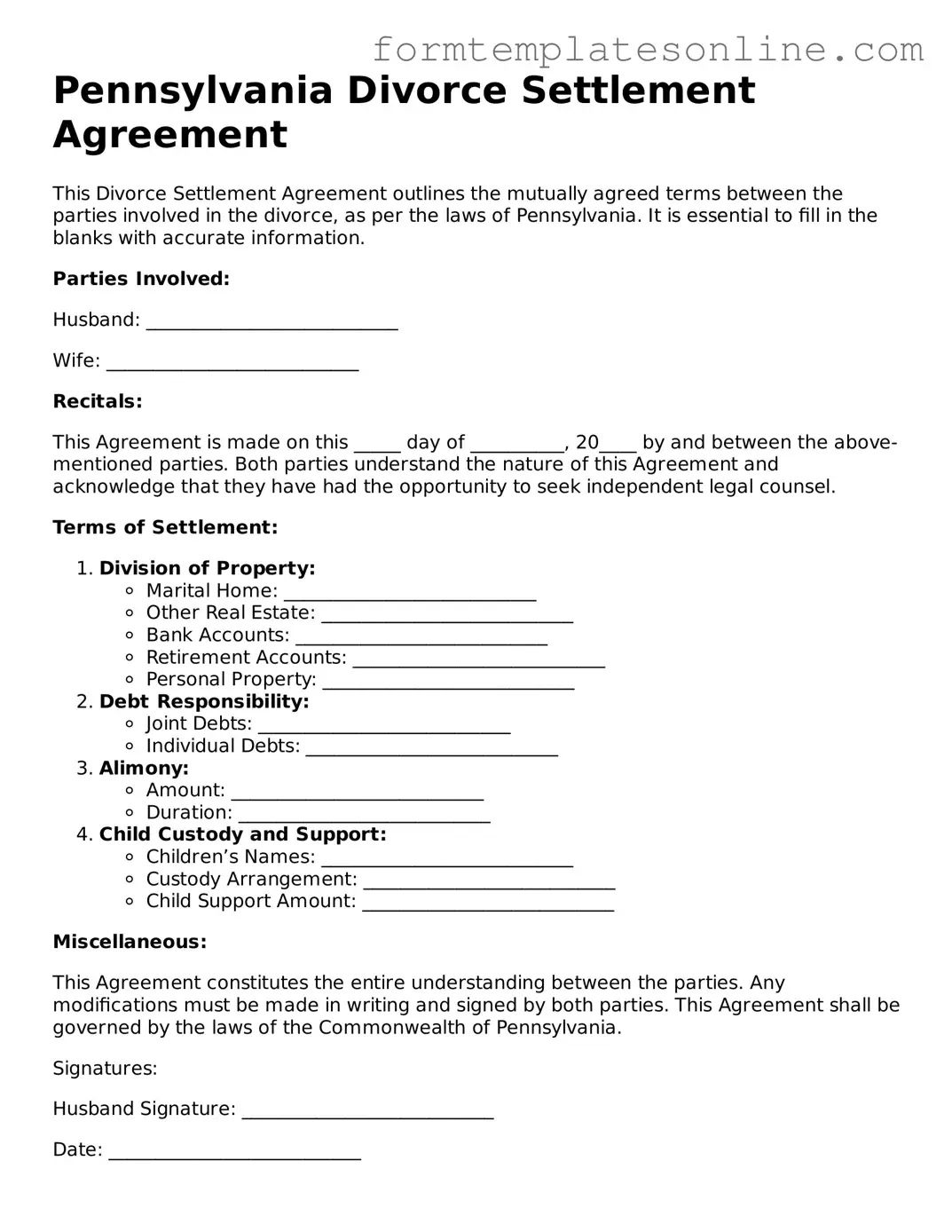 Valid  Divorce Settlement Agreement Form for Pennsylvania