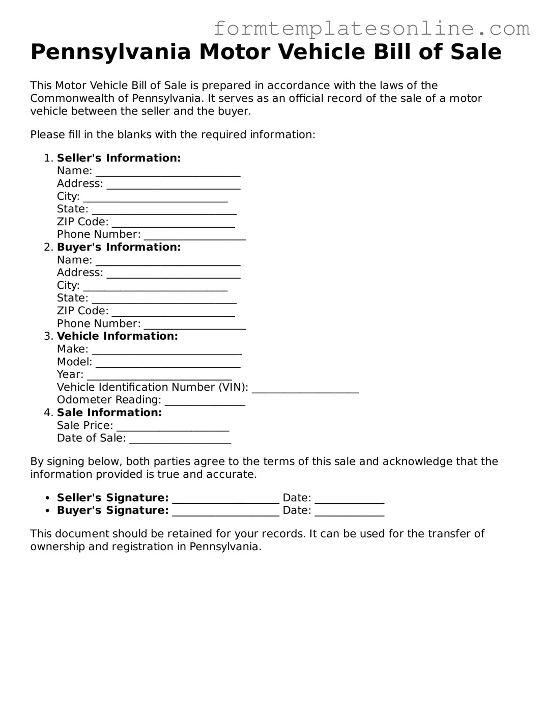 Valid  Motor Vehicle Bill of Sale Form for Pennsylvania