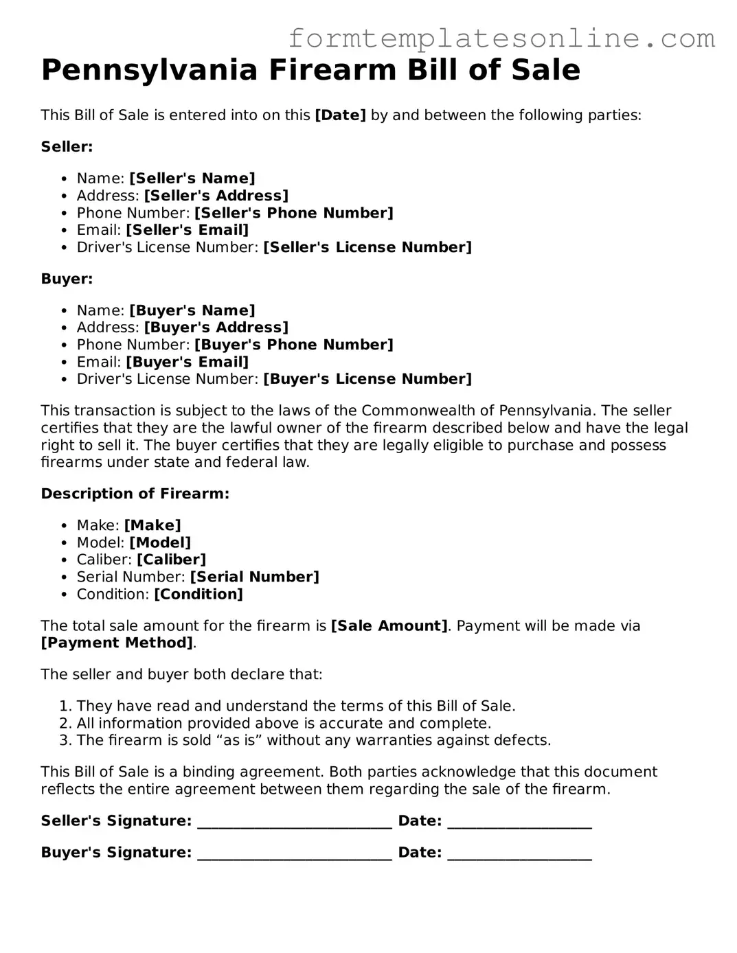 Valid  Firearm Bill of Sale Form for Pennsylvania