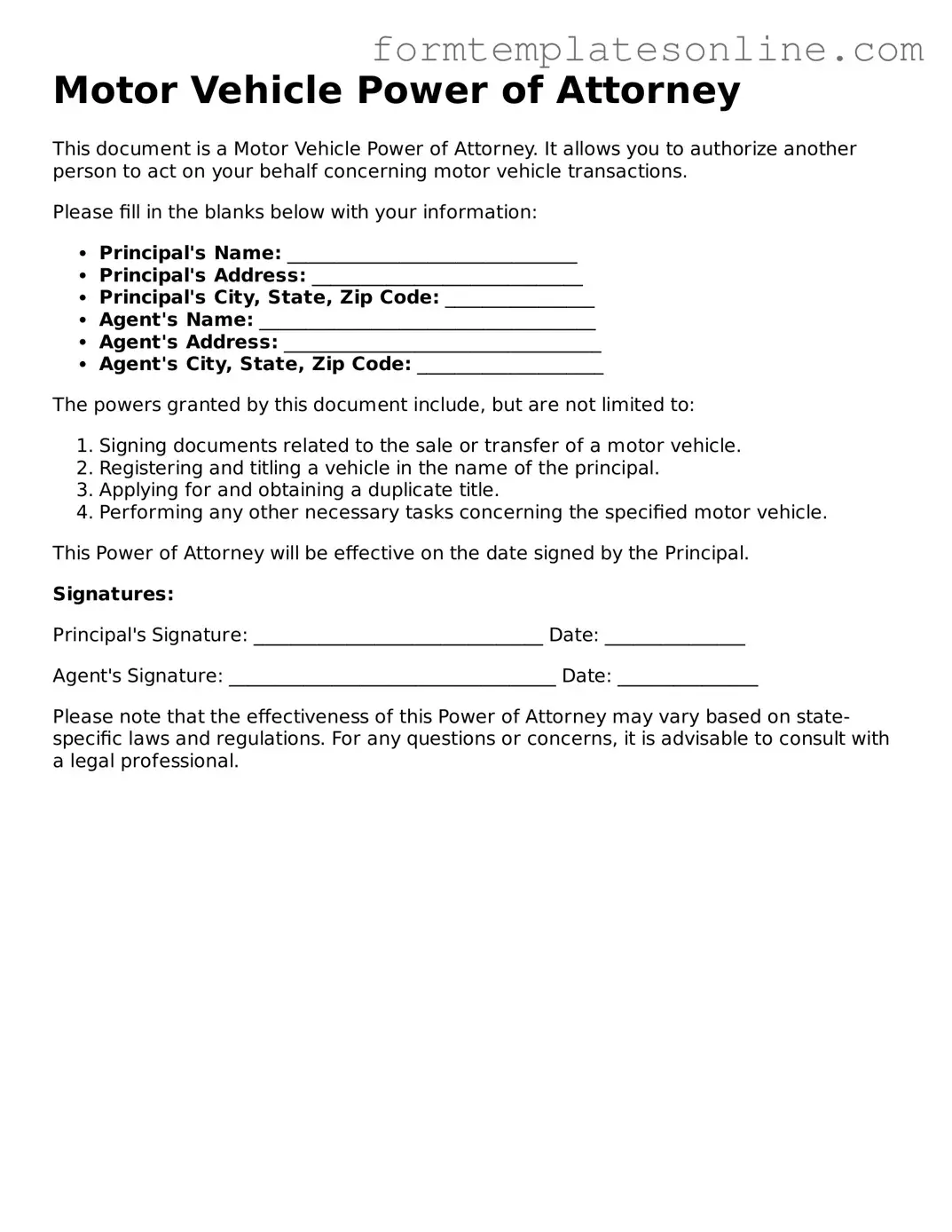 Attorney-Approved Motor Vehicle Power of Attorney Template