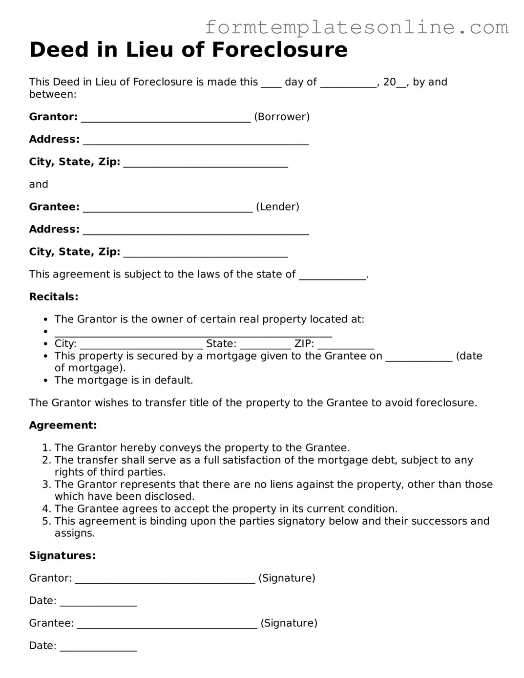 Attorney-Approved Deed in Lieu of Foreclosure Template