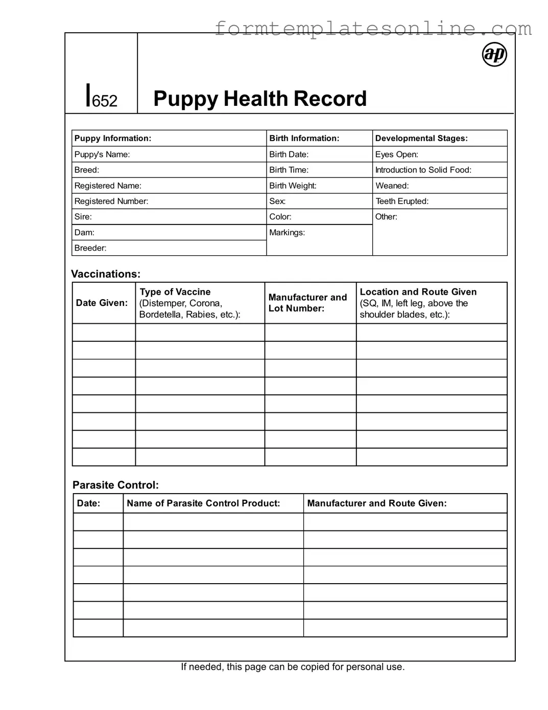 Puppy Health Record PDF Form