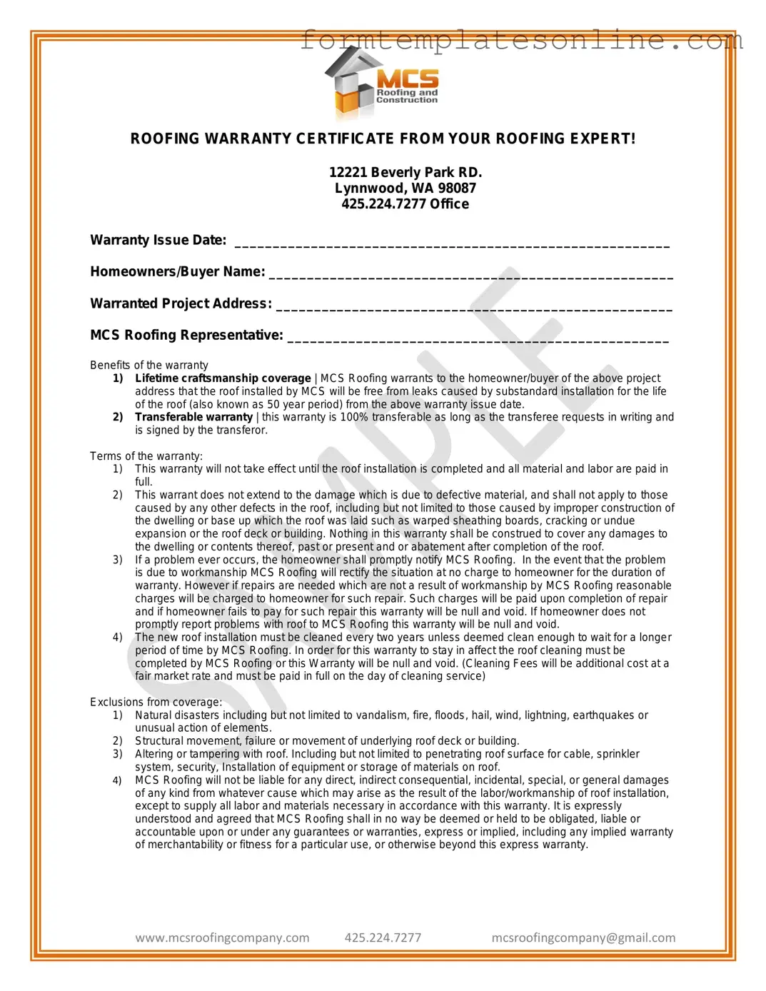 Roofing Warranty Certificate PDF Form