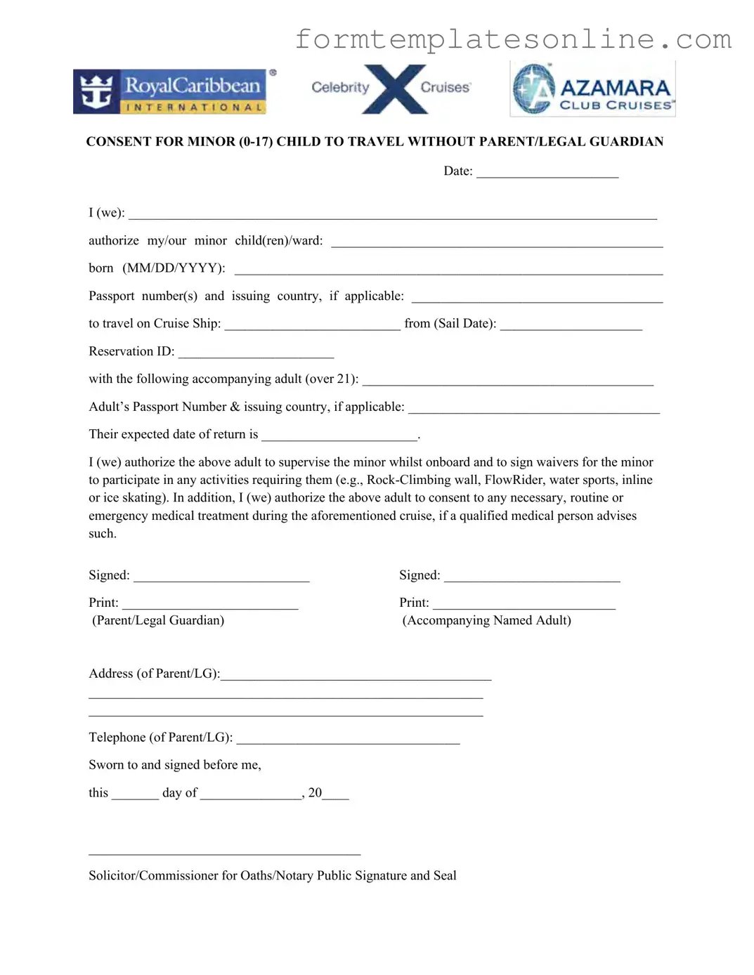 Royal Caribbean Parental Consent PDF Form