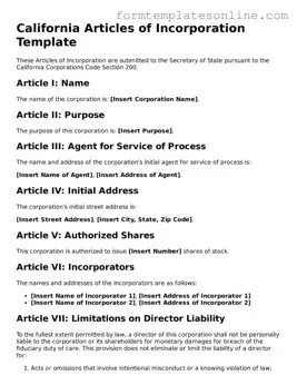Valid  Articles of Incorporation Form for California