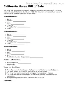 Valid  Horse Bill of Sale Form for California