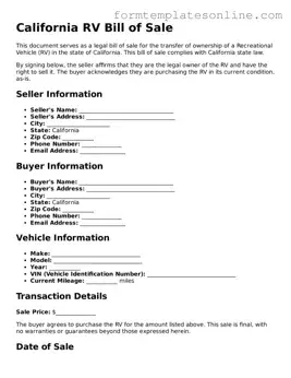 Valid RV Bill of Sale Form for California