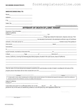 California Death of a Joint Tenant Affidavit PDF Form
