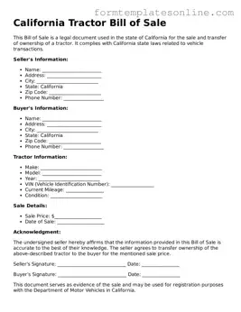 Valid  Tractor Bill of Sale Form for California