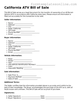 Valid  ATV Bill of Sale Form for California