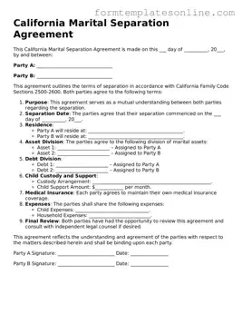 Valid  Marital Separation Agreement Form for California