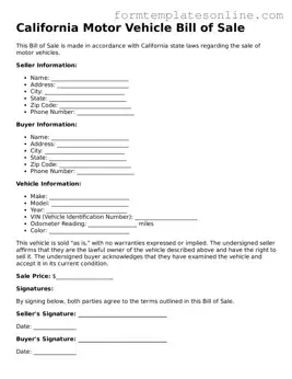 Valid  Motor Vehicle Bill of Sale Form for California