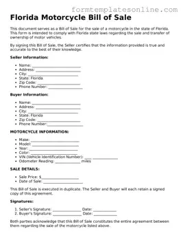 Valid  Motorcycle Bill of Sale Form for Florida