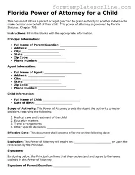 Valid  Power of Attorney for a Child Form for Florida