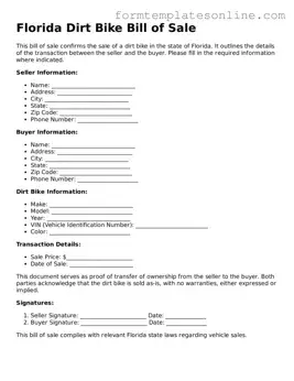Valid  Dirt Bike Bill of Sale Form for Florida