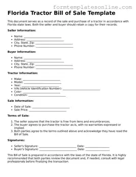 Valid  Tractor Bill of Sale Form for Florida
