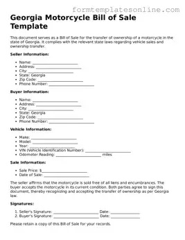 Valid  Motorcycle Bill of Sale Form for Georgia