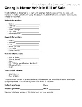 Valid  Motor Vehicle Bill of Sale Form for Georgia