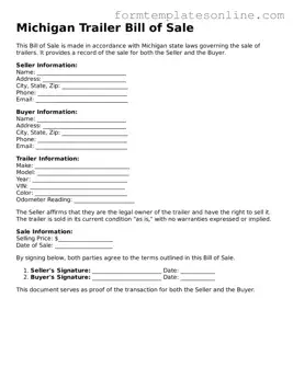 Valid  Trailer Bill of Sale Form for Michigan