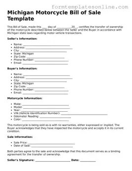 Valid  Motorcycle Bill of Sale Form for Michigan