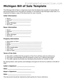 Valid  Bill of Sale Form for Michigan