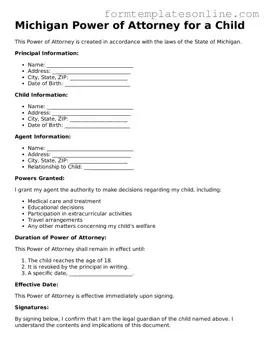 Valid  Power of Attorney for a Child Form for Michigan