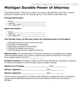 Valid  Durable Power of Attorney Form for Michigan