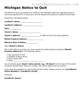 Valid  Notice to Quit Form for Michigan