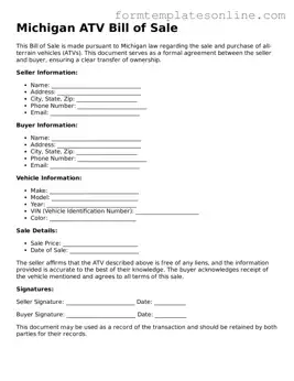 Valid  ATV Bill of Sale Form for Michigan