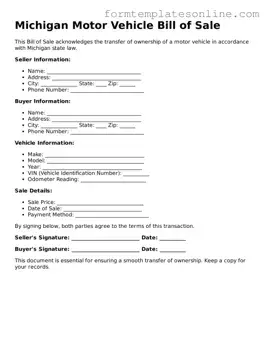 Valid  Motor Vehicle Bill of Sale Form for Michigan
