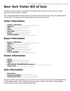 Valid  Trailer Bill of Sale Form for New York