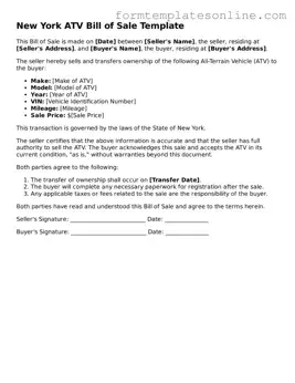 Valid  ATV Bill of Sale Form for New York