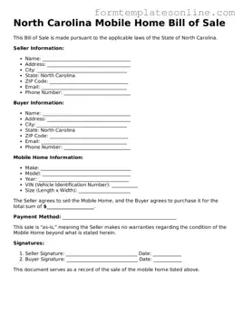 Valid  Mobile Home Bill of Sale Form for North Carolina