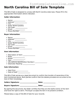 Valid  Bill of Sale Form for North Carolina