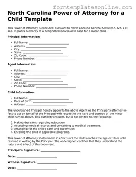 Valid  Power of Attorney for a Child Form for North Carolina