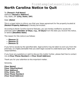 Valid  Notice to Quit Form for North Carolina