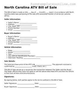 Valid  ATV Bill of Sale Form for North Carolina