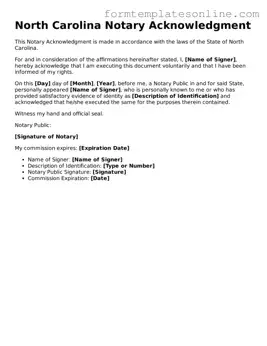 Valid  Notary Acknowledgement Form for North Carolina