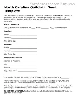 Valid  Quitclaim Deed Form for North Carolina