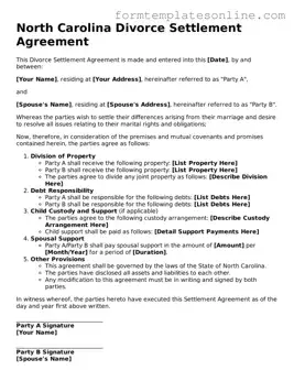 Valid  Divorce Settlement Agreement Form for North Carolina