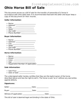 Valid  Horse Bill of Sale Form for Ohio