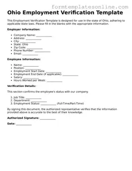 Valid  Employment Verification Form for Ohio