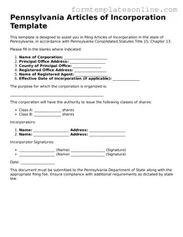Valid  Articles of Incorporation Form for Pennsylvania