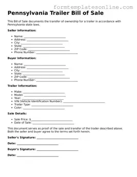 Valid  Trailer Bill of Sale Form for Pennsylvania