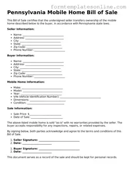 Valid  Mobile Home Bill of Sale Form for Pennsylvania
