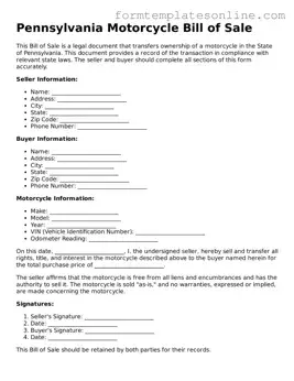 Valid  Motorcycle Bill of Sale Form for Pennsylvania