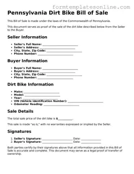 Valid  Dirt Bike Bill of Sale Form for Pennsylvania