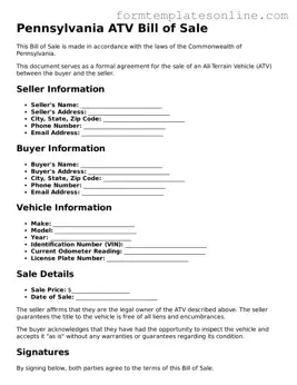 Valid  ATV Bill of Sale Form for Pennsylvania