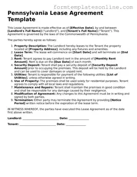 Valid  Lease Agreement Form for Pennsylvania